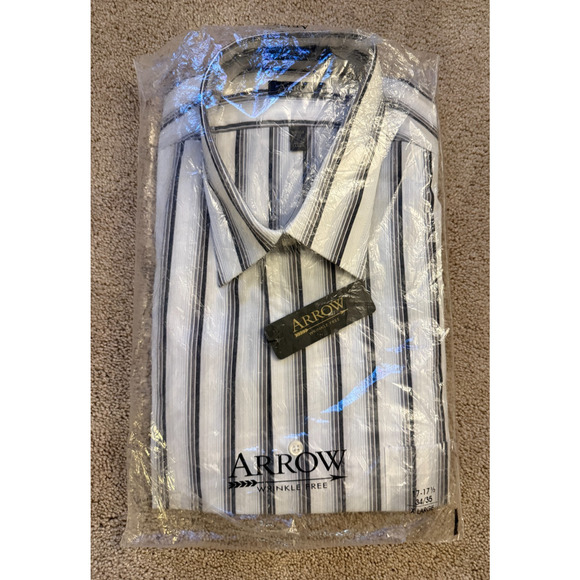 Arrow Men's Dress Shirt XL (17-17.5 34/35) Wrinkle Free Striped White Grey Long - Picture 2 of 6